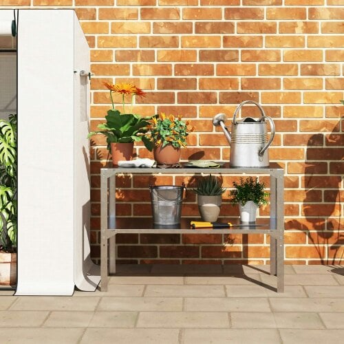 Bobobiy 2 Tier Potting Bench Table, Galvanised Steel Garden Planting Work Bench Workstation with Storage Shelf, 110 x 50 x 75 cm, Silver Tone