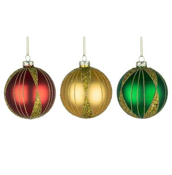 8cm Christmas Baubles 12 Pack in Red, Gold and Green Glass with Assorted Festive Designs image 1