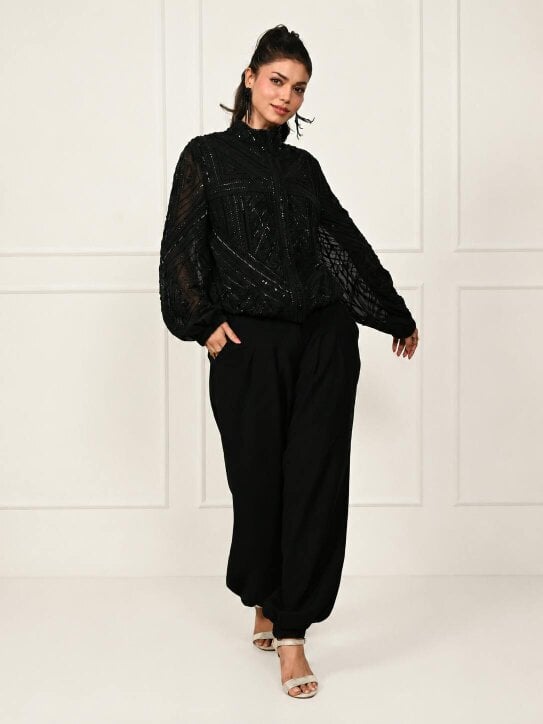 Rose & Nancy Briar Black Hand Embellished Funnel Neck Bomber Jacket