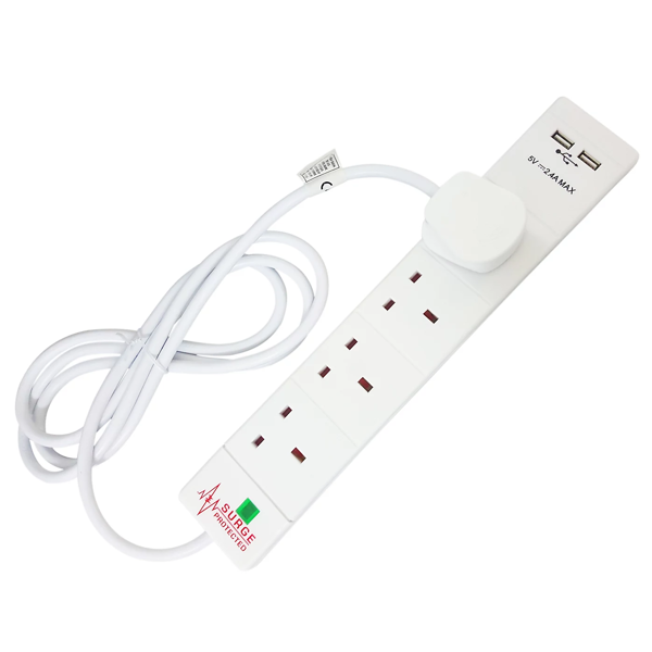 Axiom 4 Gang Extension Lead with 2 USB sockets - surge protected