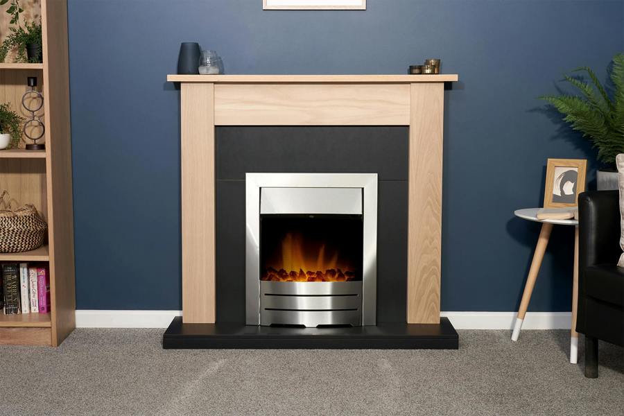 Adam Southwold Fireplace in Oak & Black with Colorado Electric Fire in Brushed Steel, 43 Inch