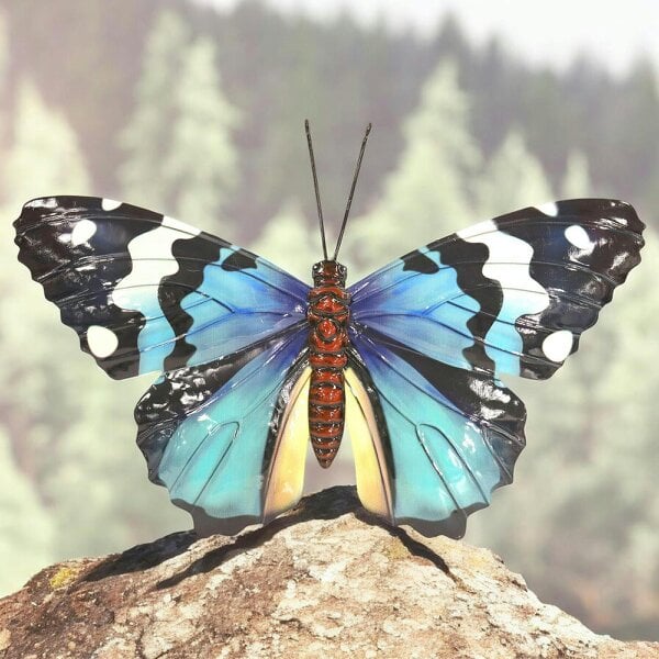 EDH Door Hardware Medium Metal Blue Butterfly Wall Art – 23 x 34 x 1 CM | Hand-Painted 3D Butterfly Décor | Weatherproof Metal Wall Decoration