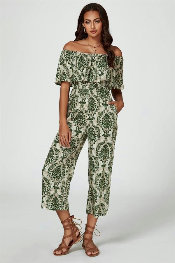 FS Collection Off The Shoulder Print Frill Jumpsuit In Green