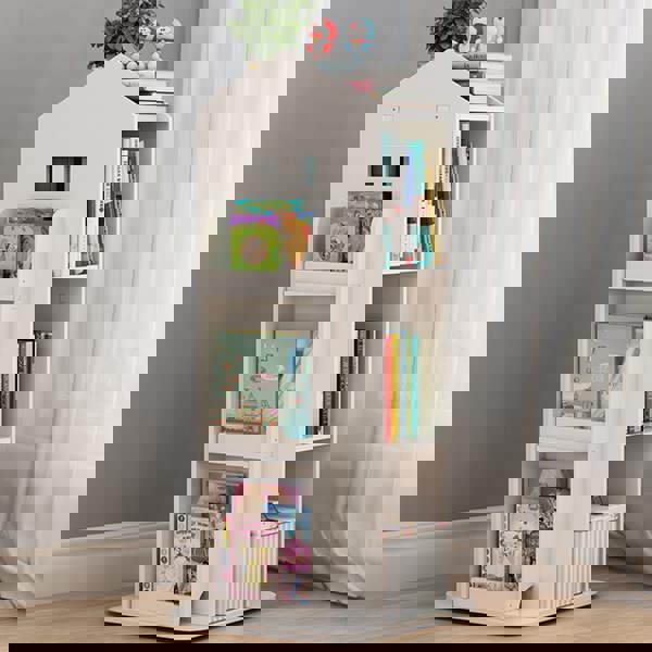 Living and Home House Frame Rotating Bookshelf Storage Rack - White