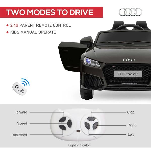 Black Audi TT RS ride-on car with 2.4G parent remote control and manual drive
