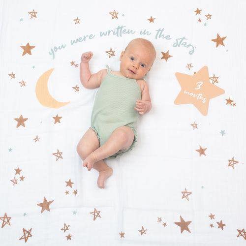 Lulujo - Baby's First Year Gift Set - Cotton Swaddle & Cards - Written In The Stars
