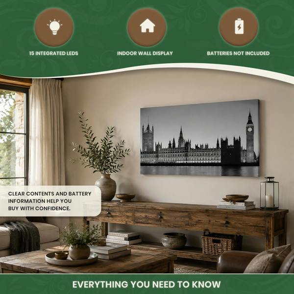 Big Ben LED Canvas Wall Art – London Parliament Print with 15 Lights, Stretched Wooden Frame, 100 × 60 cm