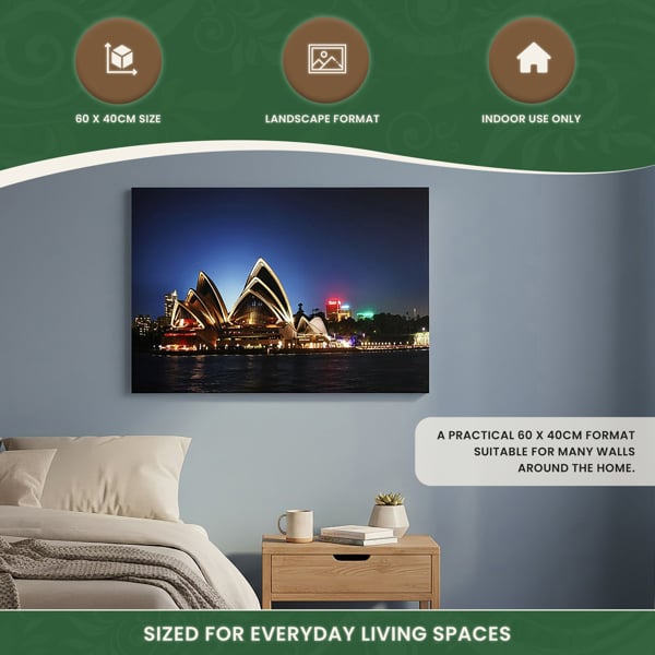 Sydney Opera House Print LED Canvas, 60 x 40 cm, Stretched Wooden Frame, 8 LED Lights, Battery Powered with Switch