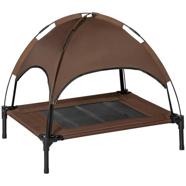 Brown elevated pet cot with arched canopy and black metal legs, breathable mesh floor