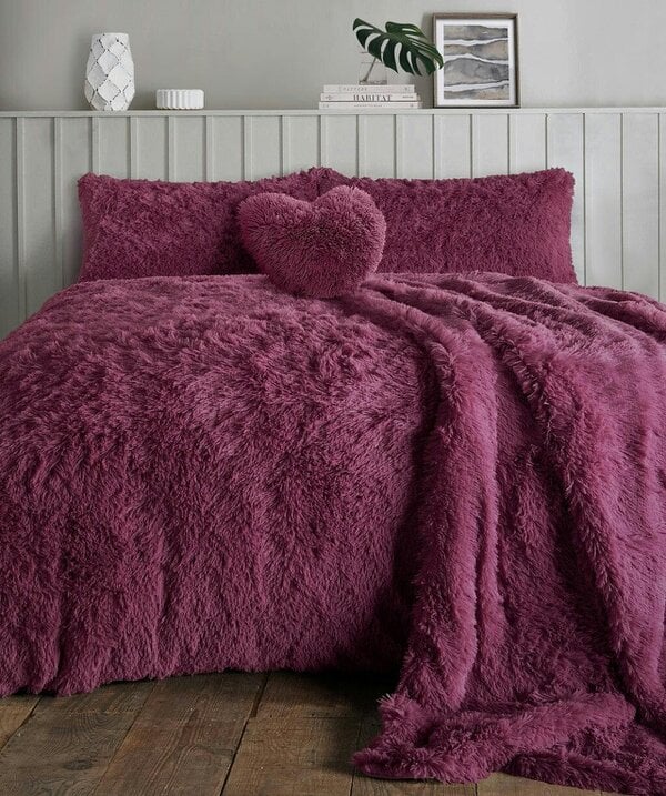 Night Zone Alaska Cuddles Long Fur Teddy Fleece Duvet Cover Set – Warm Bedding with Pillowcases - Plum