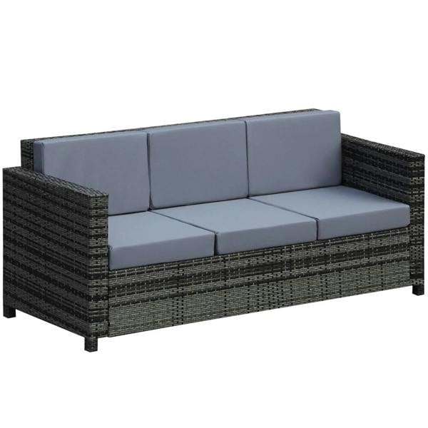 3-seat outdoor rattan sofa with grey seat and back cushions, dark woven frame