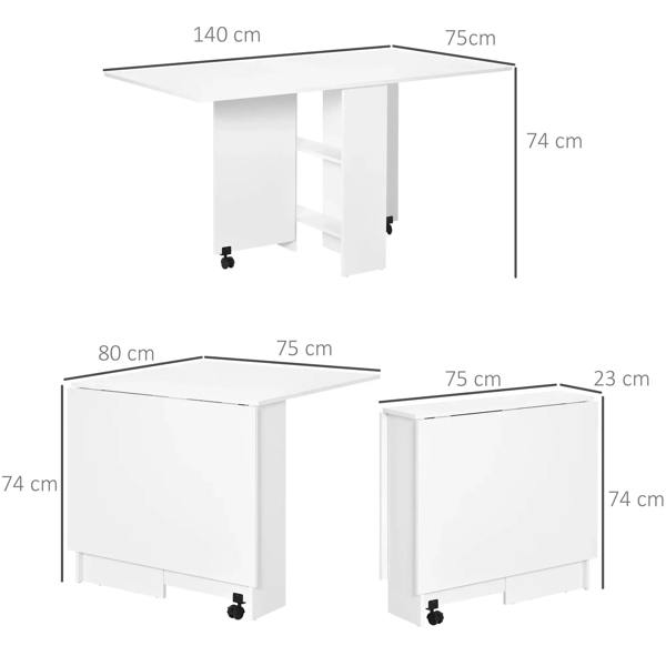 White drop-leaf folding dining table with two-tier shelves and rolling casters, dimensions shown