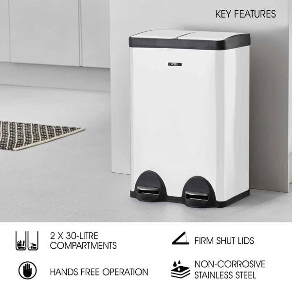 Cooks Professional 60L Recycling Pedal Bin | Dual Pedal - White