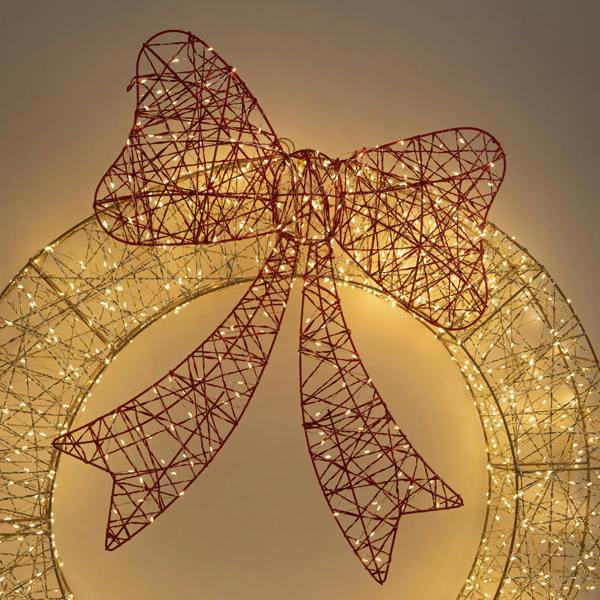 Samuel Alexander 90cm Light up Gold Twist Christmas Wreath with Red Bow and 1440 Warm White LEDs