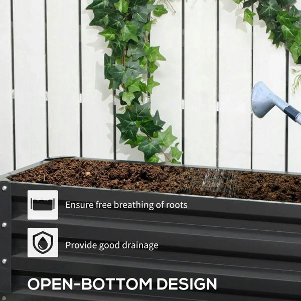 Dark grey raised garden bed with open-bottom design, vine plants over soil