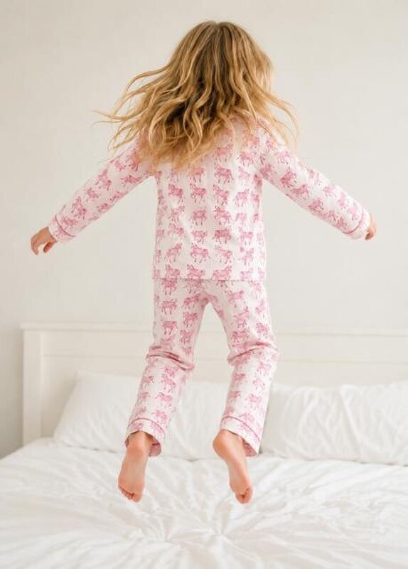 Kids horse print pyjamas in woodblock print cotton voile Available in pink and blue