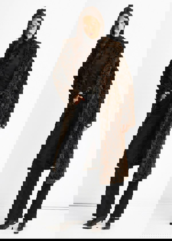 Gini London Chocolate Leopard Print Premium Faux Fur Belted Coat