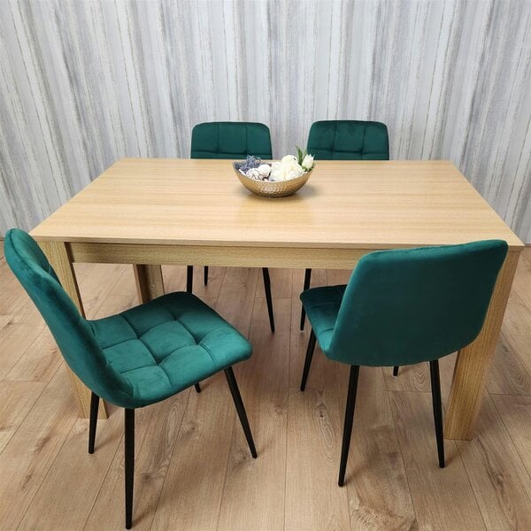 Kosy Koala Dining Set of 4 Oak Effect Dining Table and 4 Green Velvet Chairs Dining Room Furniture