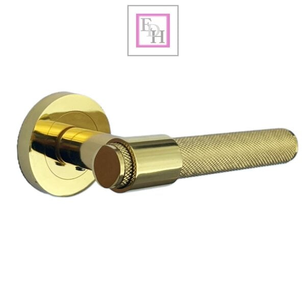 EDH Door Hardware Knurled Door Handles Brass Polished Loop & Neck Lever on Round Rose Latch Handle