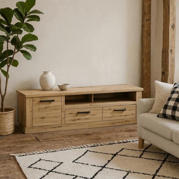 Wyld Haus Tampere Artisan Oak TV Unit with Black Handles 1 Door 2 Drawers
