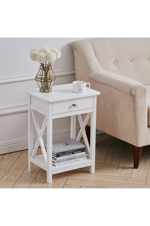 Living and Home 2-Tier Drawer Nightstand Wooden  Bedside Table with Storage Shelf 55.5cm H