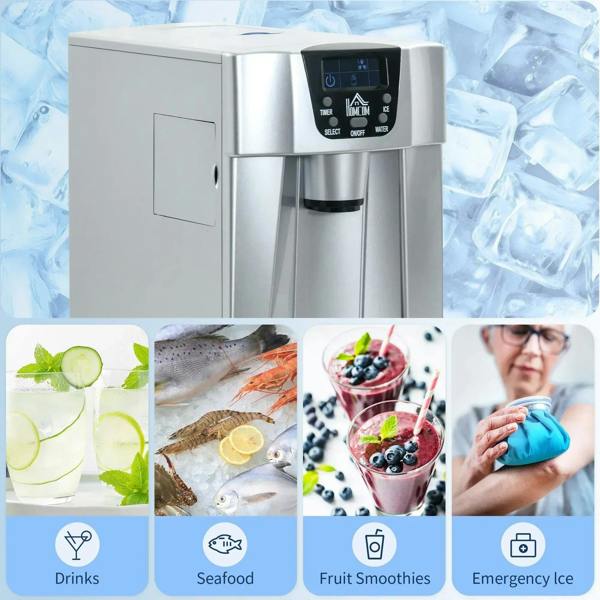 Silver countertop ice maker with front control panel and ice chute