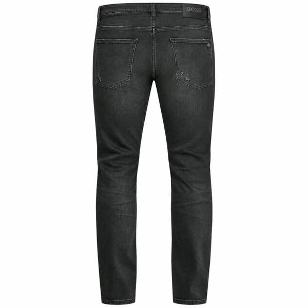 Back view of BOSS Delaware slim-fit jeans in dark grey denim with distressed detailing and a black leather logo patch.