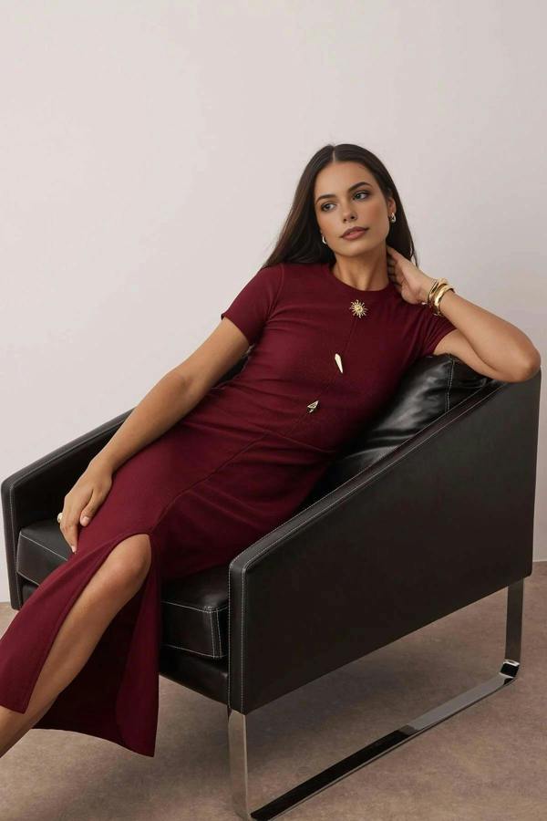 WOVCOR Ottoman Stand Collar Midi Knit Dress with Button Detail