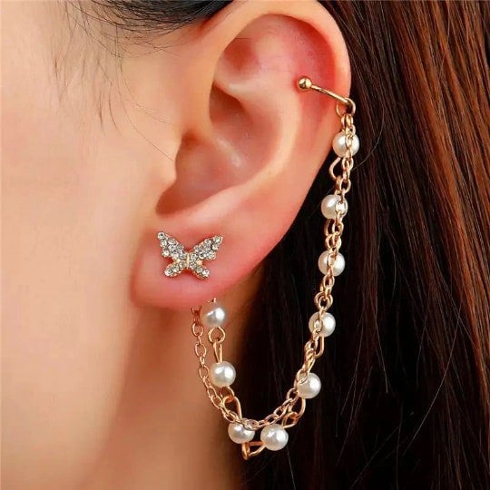 The Colourful Aura Long Butterfly Dangle Chain Tassel Pearl Ear Cuffs Climber Chain