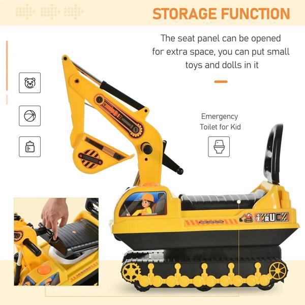 Yellow ride-on excavator toy with open seat panel for storage