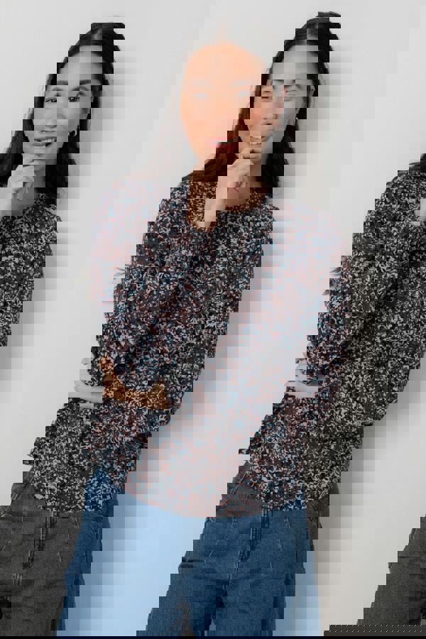 Lily & Me Eastcombe High Neck Floral Print Top Chocolate