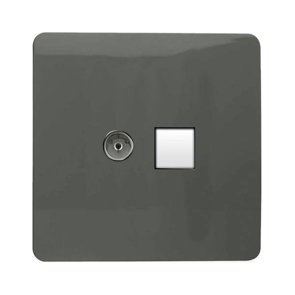 Trendi Switch 2 Gang TV Co-Axial & RJ45 Cat 6 Modern Designer PC Ethernet Sockets in Charcoal Grey