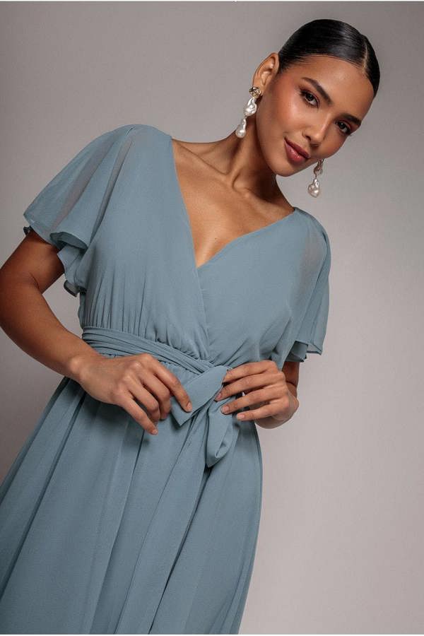 Chiffon Flutter Sleeve Wrap Midi Dress - Airforce Blue DR2555B