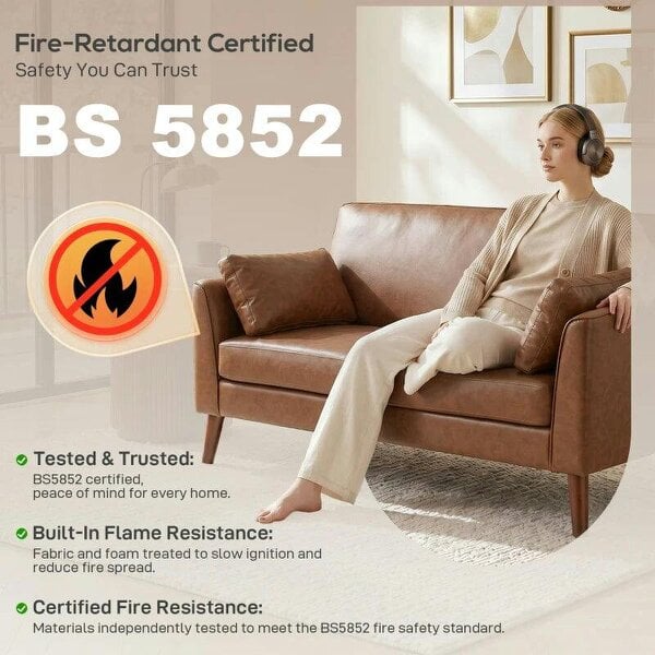 2 Seater Sofa, 132 cm Modern Small Sofa with Solid Wood Legs and 2 Pillows for Small Space, Brown