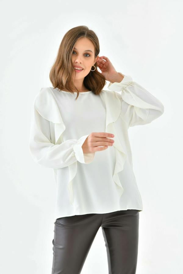 Hoxton Gal Oversized Frilled Front Blouse with Detailed Cuffs in White