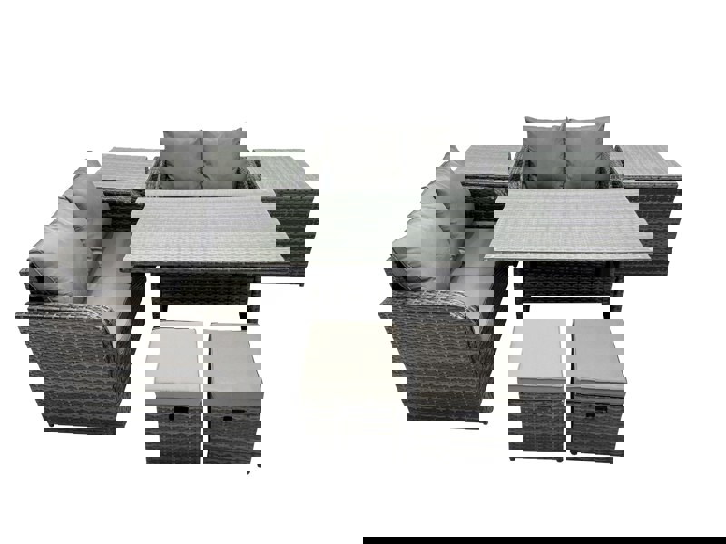 Fimous Wicker PE Rattan Garden Outdoor Furniture Set Love Sofa Dining Table Set with 2 Small Stools 2 Side Tables Dark Grey Mixed