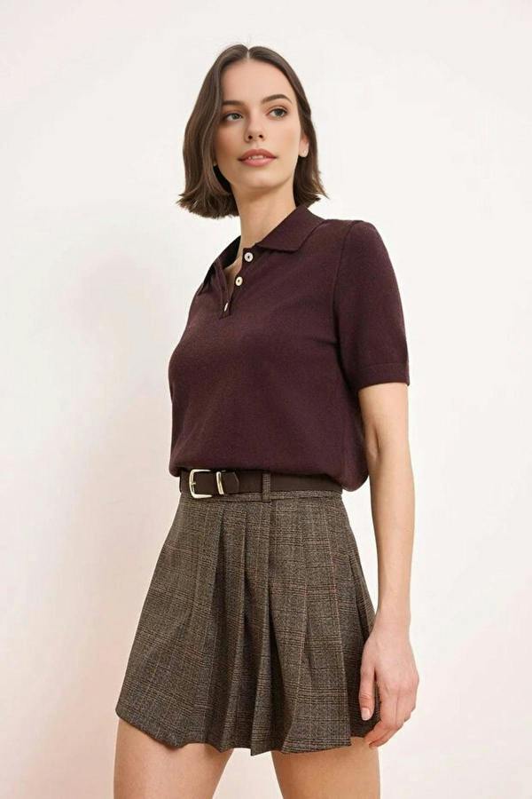 WOVCOR Belted Mini Plaid Pleated Skirt with Shorts Lining
