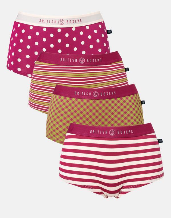British Boxers Multipack! 4 Pairs of Women's Bamboo Hipster Boxer Briefs – Rhubarb Sugar