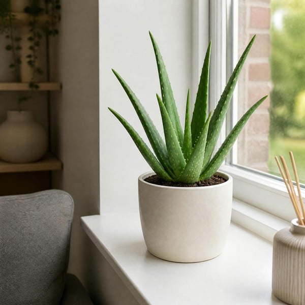 Aloe Vera Plant 12cm Pot for Indoors - Medicinal Houseplant - Matt Cream Ceramic Pot - 1