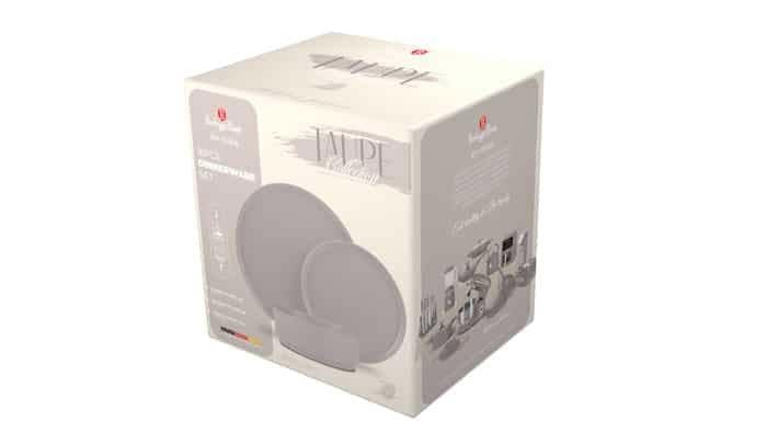 A beige cardboard box with a picture of a taupe-colored dinnerware set on it. The box has the text "TAUPE Collection" and "18PCS DINNERWARE SET" printed on it, along with the Berlinger Haus logo
