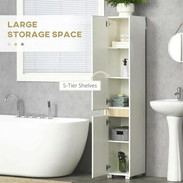 White tall cabinet open to show 5-tier shelving and storage cubbies