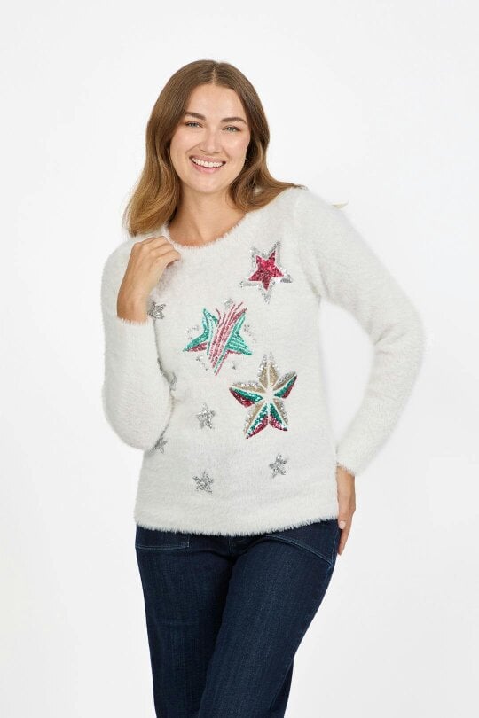 Mudflower Embellished Star Burst Fluffy Yarn Christmas Jumper