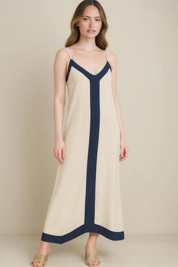 Hoxton Gal Relaxed Fit Cami Midi Dress in Beige and Navy