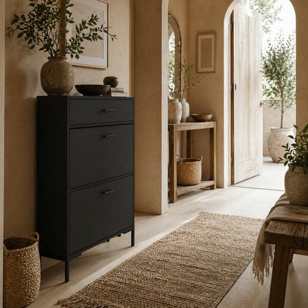 Wyld Haus Sopane Wooden Black Slim Shoe Cabinet With 3 Drawers For 12 Pairs