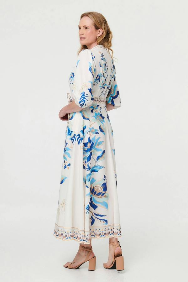 White | Floral Tie 3/4 Sleeve Maxi Dress