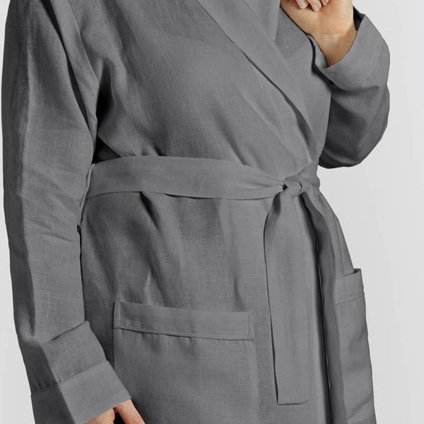 Lazy Linen Pure Washed Linen Bathrobe -  Charcoal