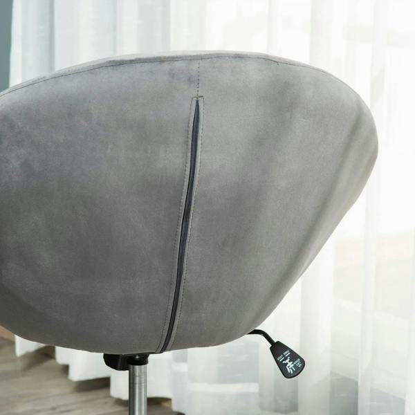 Grey upholstered swivel stool with vertical back seam and height-adjust lever handle