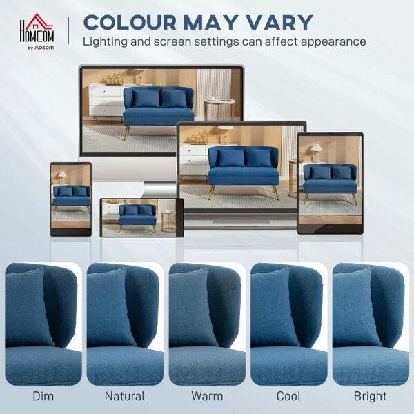 2 Seater Sofa, Linen-look Fabric Small Sofa with Wing Back, Thick Seat, Metal Legs, Dark Blue