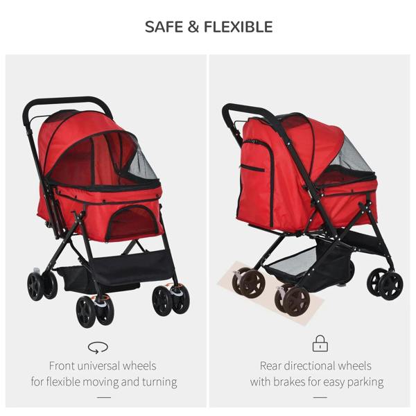Red pet stroller showing front and rear directional wheels with brakes for easy parking.