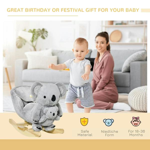 Gray koala plush rocking horse on wooden rocker with toddler and gloved doll